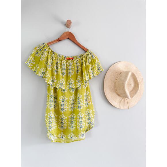 Oliphant Tops - Oliphant | Green Blue Block Print Off-Shoulder Cotton Top | Sz S